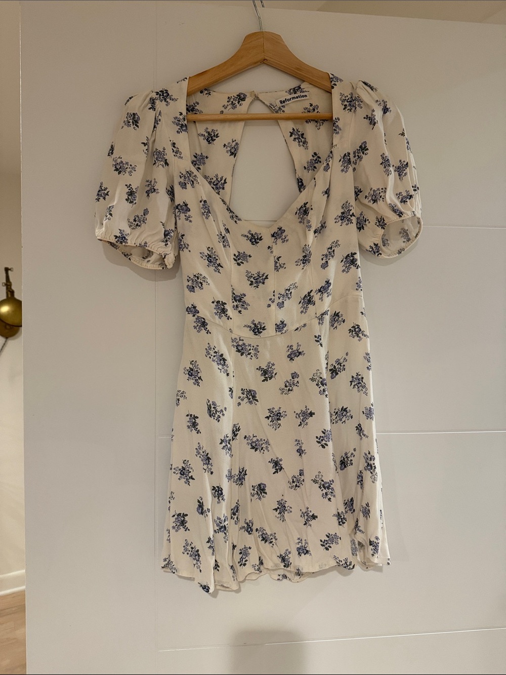Reformation Cream Mini Dress with Blue Floral Motif